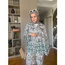 Aselim Hijap Moda Pamuk Viskon Etnik Desenli Kimona Gömlek Takım Yeşil