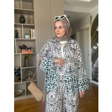 Aselim Hijap Moda Pamuk Viskon Etnik Desenli Kimona Gömlek Takım Yeşil