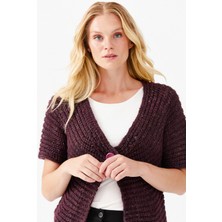 Desen Triko Kadın V Yaka Tek Düğmeli Kısa Yelek Mürdüm