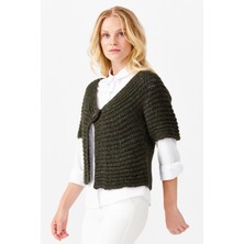 Desen Triko Kadın V Yaka Tek Düğmeli Kısa Yelek Yeşil