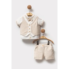 Keten Papyonlu Yelekli Gömlek Beli Lastikli Şort Özel Gün Doğum Günü Düğün 3 Parça Erkek Bebek Takım