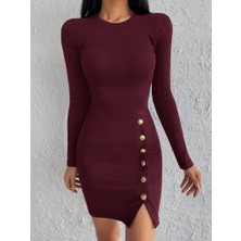 Rose's Boutiqe All About Women Kadın Bordo Uzun Kollu Bisiklet Yaka Yan Yırtmaç Düğme Detay Kısa Kaşkorse Elbise