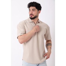 Stil Kombin Çizgili Yakalı Yarım Fermuar Oversize Tişört STU-2473_30464