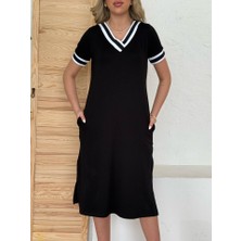 Rose's Boutiqe All About Women Kadın Kısa Kollu V Yaka Kol ve Yaka Ribana Detay Midi Boy Viskon Elbise