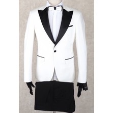 Jan Carlucci Slim Fit Saten Sivri Yaka-Çift Yırtmaç Beyaz Drop 6 Damatlık Smokin - Full Set Yelek, Gömlek, Papyon