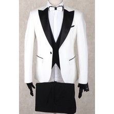 Jan Carlucci Slim Fit Saten Sivri Yaka-Çift Yırtmaç Beyaz Drop 6 Damatlık Smokin - Full Set Yelek, Gömlek, Papyon