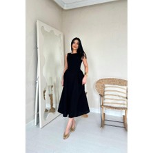 Rose's Boutiqe All About Women Siyah Yanları Büzgülü Midi Boy Keten Elbise