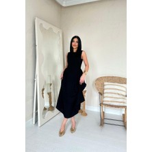 Rose's Boutiqe All About Women Siyah Yanları Büzgülü Midi Boy Keten Elbise