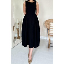 Rose's Boutiqe All About Women Siyah Yanları Büzgülü Midi Boy Keten Elbise
