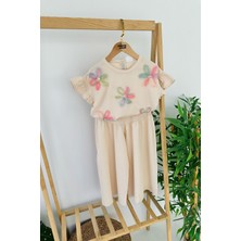 Miniğimin Cicileri Zambak Detaylı Kız Çocuk Bol Pantolonlu Kız Çocuk Penye 2 li takım - Krem