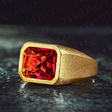 925 Ayar Gümüş Altın Kaplama Kırmızı Ruby Taşlı Erkek Yüzük