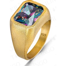925 Ayar Gümüş Altın Kaplama Mistik Topaz Taşlı Sade Erkek Yüzük