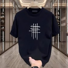 Çizgi Baskılı Siyah Oversize Erkek Tshirt