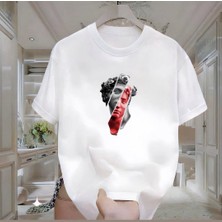 Heykel Baskılı Beyaz Oversize Erkek Tshirt