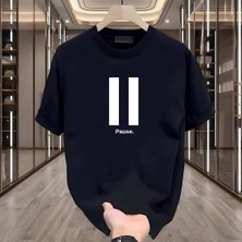 Pause Baskılı Siyah Oversize Erkek Tshirt