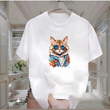 Cool Kedi Baskılı Beyaz Oversize Erkek Tshirt