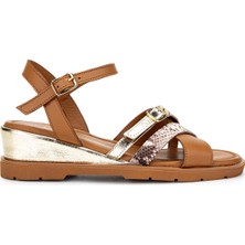 Tamer Tanca Kadın  Deri Taba Topuklu Sandalet 1109 M589 Bn Sndlt Y25 K.taba/altın/lm