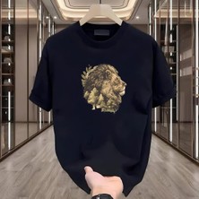 Aslan Baskılı Siyah Oversize Erkek Tshirt