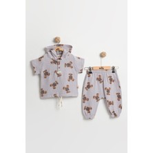 Mini Baray Organik %100 Pamuk Ayıcık Baskılı Kapüşonlu Bebek Body Takımı 9-12-18 Ay - Nefes Alabilir Müslin Kumaş