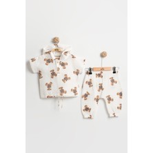 Mini Baray Organik %100 Pamuk Ayıcık Baskılı Kapüşonlu Bebek Body Takımı 9-12-18 Ay - Nefes Alabilir Müslin Kumaş