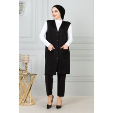 Nacar Çarşı Kadın Uzun Siyah Penye Yelek Düğmeli Cepli Tasarım Regular Fit Konfor Sunar