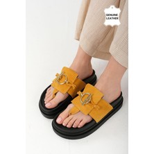 Mio Gusto  Alison Hakiki Süet Hardal Rengi Parmak Arası Kadın Terlik