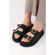 Mio Gusto  Adara Siyah Renk Hasır Çift Tokalı Kadın Terlik