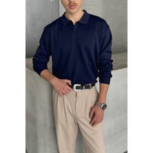 Erkek Polo Yaka Fitilli Oversize Triko Kazak