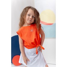 Miniğimin Cicileri Nakış Detay T-Shirt Yandan Düğmeli Şort Etek Kız çocuk takım - Turuncu