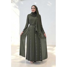 Bym Fashion Taş Detaylı  Elbise ŞAL HEDİYE   3953 Haki