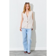 Kadın Bej Tek Düğmeli Oversize Yelek