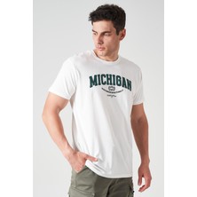 Erkek Ekru Bisiklet Yaka Mıchıgan Baskı Tişört