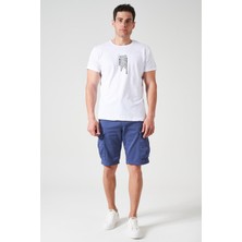 Erkek Indigo Beli Ribanalı Örme Parça Boya Kargo Şort