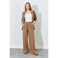 Kadın Kahve Beli Lastikli Palazzo Keten Pantolon