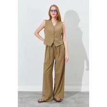 Kadın Haki Beli Lastikli Palazzo Keten Pantolon