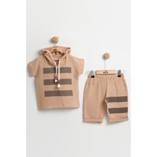 Mini Baray Erkek Çocuklar Için Çizgili Kapüşonlu Yazlık Müslin Takım 2-3-4-5 Yaş - Ultra Yumuşak