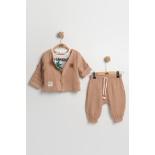 Mini Baray Zürafa Desenli 3'lü Erkek Bebek Takımı 9-12-18 Ay - Uzun Kollu Gömlek+Tişört+Müslin Şort Set