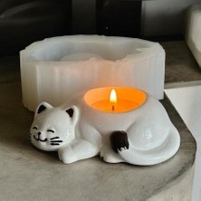 Uyuklayan Kedi Tealight Mumluk Silikon Kalıp