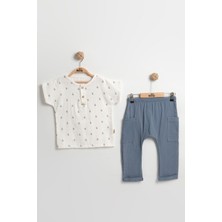 Mini Baray Doğal Başak Desenli Erkek Bebek Yazlık Takımı 9-12-18 Ay - %100 Pamuk Müslin Kumaş