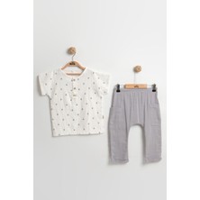 Mini Baray Doğal Başak Desenli Erkek Bebek Yazlık Takımı 9-12-18 Ay - %100 Pamuk Müslin Kumaş