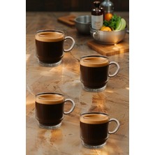 4 Adet Kulplu Çay-Kahve Fincanı Cam Salvador Çizgili ( 1 Adet 160 ml )
