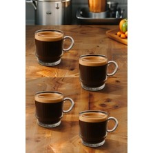 4 Adet Kulplu Çay-Kahve Fincanı Cam Salvador Çizgili ( 1 Adet 160 ml )
