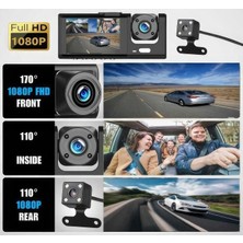 Araç Içi 3 Kameralı 1080P /2.0 Inç LCD Ekranlı /gece Görüşlü /geri Görüş/ G-Sensör /hareket Algılama