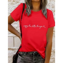 Aruz Moda Kadın Kısa Kollu Önü Yazı Baskılı Basic Süprem Bluz