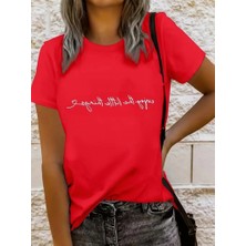 Aruz Moda Kadın Kısa Kollu Önü Yazı Baskılı Basic Süprem Bluz