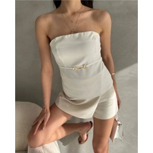 Straplez Beli Toka Detaylı Crep Bluz