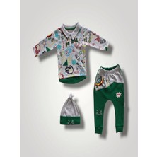 Beruflic 6-9 12-18 18-24 Ay Power Kedi Nakışlı Uzun Kollu Sweat Şapkalı 3lü Kız Erkek Bebek Takımı Yeşil