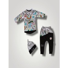 Beruflic 6-9 12-18 18-24 Ay Power Kedi Nakışlı Uzun Kollu Sweat Şapkalı 3lü Kız Erkek Bebek Takımı Siyah