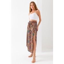 Kadın Beli Lastikli İçi Şortlu Yırtmaçlı Şalvar Pantolon Hardal - F394