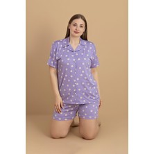 Büyük Beden Papatya Baskılı  Gömlek Yaka Şortlu Pijama Takımı